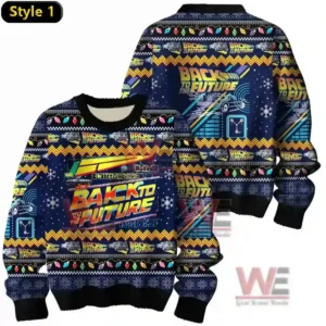 A dark blue back to the future sweater covered in festive motifs lights and stylized graphics of the time traveling car!