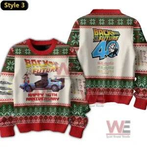 Back to the Future Christmas Sweater 10 A red and black back to the future themed sweater with cars hearts reindeer and patterned rows across the fabric!
