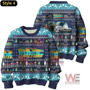 Back to the Future Christmas Sweater 11 A cream red and green sweater with pixel art back to the future graphics and fortieth anniversary details!