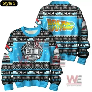 Back to the Future Christmas Sweater 12 A blue back to the future sweater with cars characters trees and festive patterned stripes!