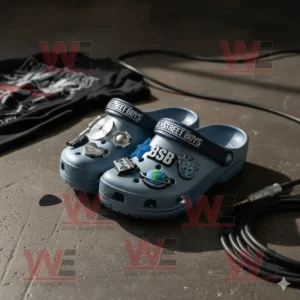 Backstreet Boys Crocs Clogs with Charms 6 Blue Backstreet Boys Crocs with CD and music charms on dark floor near microphone cable!