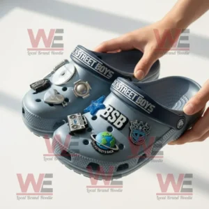 Backstreet Boys Crocs Clogs with Charms 8 Blue Backstreet Boys Crocs with pop music charms held under bright light!