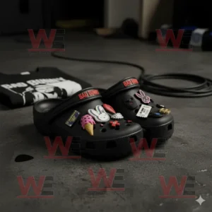 Bad Bunny Crocs Clogs with Charms 6 Black Bad Bunny Crocs with colorful charms on floor near shirt and cables!