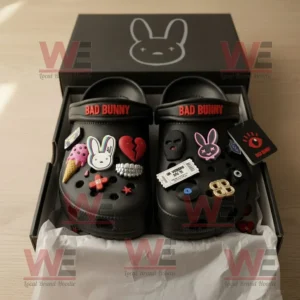Bad Bunny Crocs Clogs with Charms 7 Black Bad Bunny Crocs with themed charms inside branded open box!