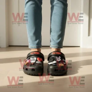 Bad Bunny Crocs Clogs with Charms 8 Black Bad Bunny Crocs with colorful charms worn with jeans on wooden floor!