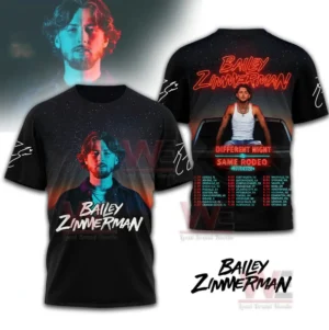 Bailey Zimmerman's "Different Night Same Rodeo" tour T-shirt with a neon design and a list of tour dates.