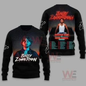 Bailey Zimmerman Diffirent Night Same Rodeo Tour 2026 Shirt 7 Bailey Zimmerman's sweatshirt with a neon-lit graphic on the front and a list of tour dates on the back.