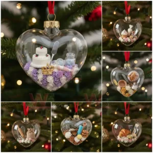 Alt text: Heart-shaped glass ornaments with miniature bakery-themed decorations, including cakes and baking tools, hanging on a Christmas tree.