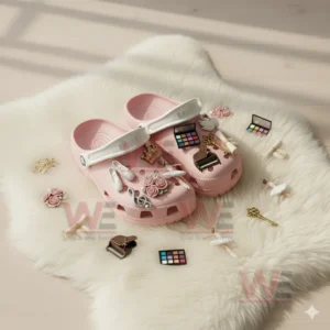 Ballet Crocs Crocband Clogs 4 Pink ballet decorated clogs resting on a white furry mat with various charms placed around them!