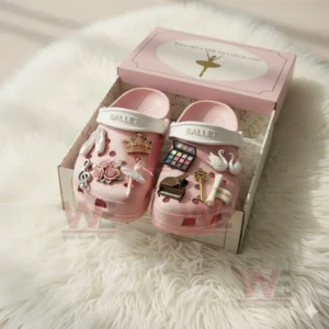 Ballet Crocs Crocband Clogs 5 Pink ballet charm clogs set inside an open box resting on a soft white rug!
