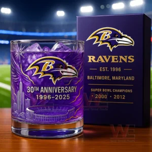 Purple Ravens anniversary glass and box with team logo dates and stadium artwork!