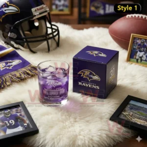 Baltimore Ravens 30th Anniversary 1996-2025 Whiskey Glass 5 Ravens themed glass and box arranged with football items and team decor!