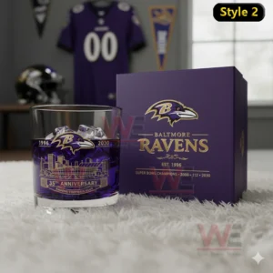 Baltimore Ravens 30th Anniversary 1996-2025 Whiskey Glass 6 Ravens thirty five year anniversary glass and box with stadium illustration and team colors!