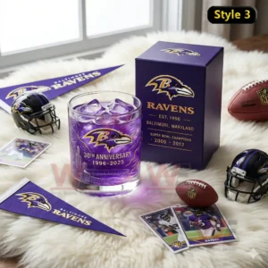 Baltimore Ravens 30th Anniversary 1996-2025 Whiskey Glass 7 Ravens anniversary glass and box amid football collectibles and team decorations!