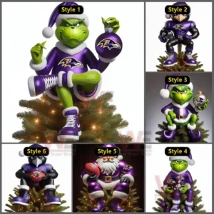 A compilation of six Baltimore Ravens themed Christmas tree toppers featuring the Grinch and Santa Claus dressed in purple outfits with white fur trim, each representing a unique design and labeled style one through six.