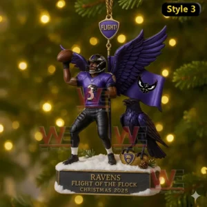 A Baltimore Ravens Christmas ornament showing a number 3 player with wings holding a football, next to a raven and purple flag, on a snowy base.