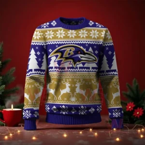 Baltimore Ravens NFL Christmas Ugly Sweater 2025 3 Baltimore Ravens Christmas sweater front view featuring the team logo and Christmas patterns of snowflakes trees and reindeer!