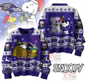 Baltimore Ravens Christmas sweater featuring Snoopy and Woodstock in winter clothes with a snowy background.