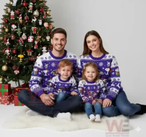 Baltimore Ravens Premium NFL Peanuts Snoopy Ugly Sweater 5 Family wearing Baltimore Ravens Christmas sweaters with Snoopy in front of a Christmas tree.