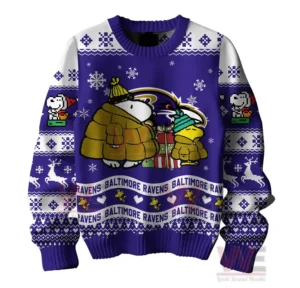 Baltimore Ravens Premium NFL Peanuts Snoopy Ugly Sweater 6 Baltimore Ravens sweater with Snoopy and Woodstock holding gifts with a snowy design.