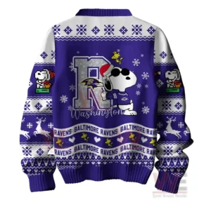 Baltimore Ravens Premium NFL Peanuts Snoopy Ugly Sweater 7 Baltimore Ravens sweater featuring Snoopy with sunglasses and Santa hat, with the letter