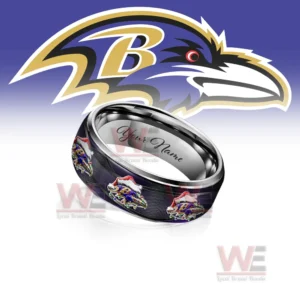 A close-up of a personalized Baltimore Ravens Christmas-themed silver tungsten ring, showcasing the team logo and the space for engraving a name.