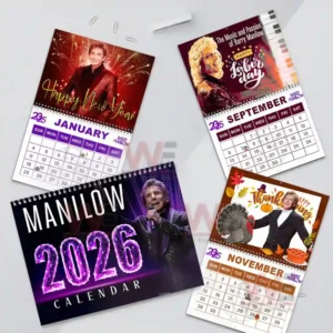 Barry Manilow 2026 calendar showcasing months with festive designs such as New Year, Labor Day, Thanksgiving, and Halloween.