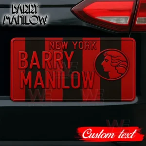 Barry Manilow License Plate Frame 3 Barry Manilow license plate frame with black and red stripes, featuring his name and a profile silhouette, with space for custom text.