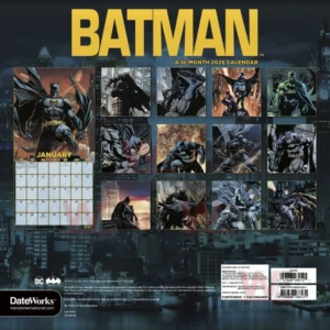 A multi panel layout displaying various action scenes of the dark hero above a monthly calendar grid!