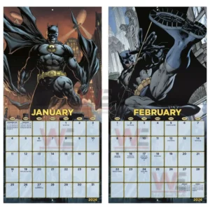 Batman 2026 Wall Calendar 11 A wall mounted calendar with the dark hero displayed above a desk setup!