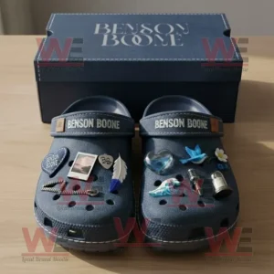 Benson Boone Crocs Clogs with Charms 8 Benson Boone navy Crocs with themed charms displayed in front of matching box.