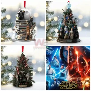 A collage of four Star Wars themed holiday decoration designs and a promotional Star Wars character poster!