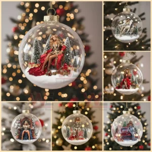 Six Christmas ornaments featuring a woman in snowy holiday settings with trees and gifts inside clear globes!