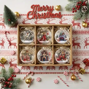 Beyonce Queen B Christmas Ornament 9 A boxed collection of six Christmas ornaments each showing a woman in a snowy scene with trees and gifts!