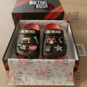 Big Time Rush Crocs Clogs with Charms 7 Big Time Rush black and red Crocs with music charms in an open logo box.