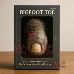 A boxed model of a Bigfoot toe displayed on a wooden surface with visible hair and realistic skin texture emphasizing the product’s novelty and mysterious theme.