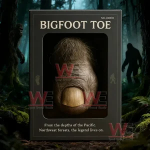 A product box featuring a Bigfoot toe is placed in a dark forest with mist and silhouettes of humanoid shapes evoking mystery and myth.