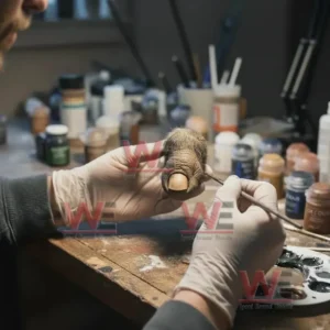 A close up view of a person hand painting a hairy Bigfoot toe replica on a workbench with art supplies visible around.