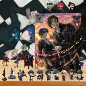 Advent calendar box with two anime characters and multiple small character figures displayed on a wooden surface!