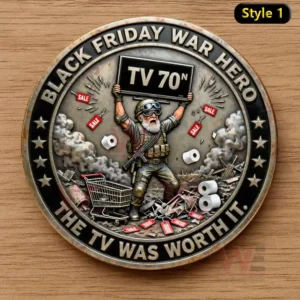 Alt text: Commemorative coin showing a Black Friday shopper holding a TV amidst chaos and sales tags.