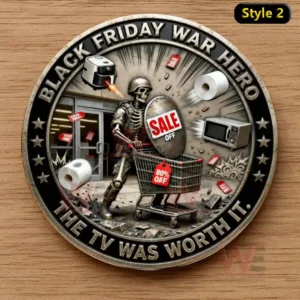 Alt text: Black Friday War Hero coin showing a skeleton shopping amidst chaos and sales tags.