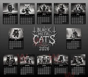 Black Metal Cats 2026 Wall Calendar 8 Black Metal Cats 2026 calendar months from January to July with cats dressed in black metal attire.