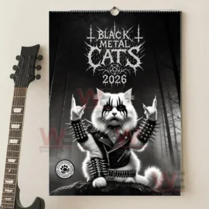 Black Metal Cats 2026 Wall Calendar 9 Black Metal Cats 2026 calendar cover next to a guitar, featuring a black metal cat design.