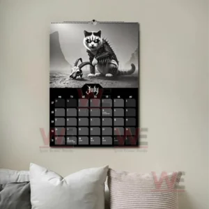 Black Metal Cats 2026 Wall Calendar 10 Black Metal Cats 2026 calendar July page showing a cat in black metal attire beside a skull.
