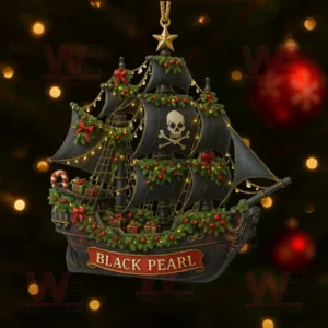 Black Pearl pirate ship ornament decorated with Christmas wreaths, lights, bows, and presents on a dark festive background!