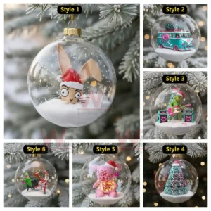 A collection of clear holiday ornaments each holding a different playful figure inside displayed on a snowy tree branch or arranged in a gift box!