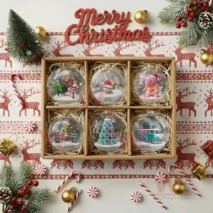 Blink 182 Rock Band Christmas Ornament 2025 9 A wooden box of six festive globe ornaments each holding a different holiday figure placed on a decorative Christmas surface!