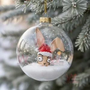Blink 182 Rock Band Christmas Ornament 2025 10 A clear ornament holding a rabbit wearing a Santa hat sitting in snow on a winter tree!