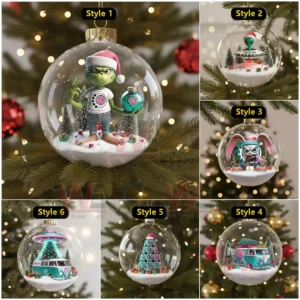 A set of six themed Christmas ornaments featuring characters vehicles and holiday elements placed inside transparent globes!