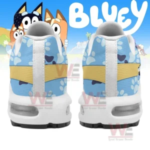 A back view of sneakers with Bluey character designs and paw prints on the heel section.